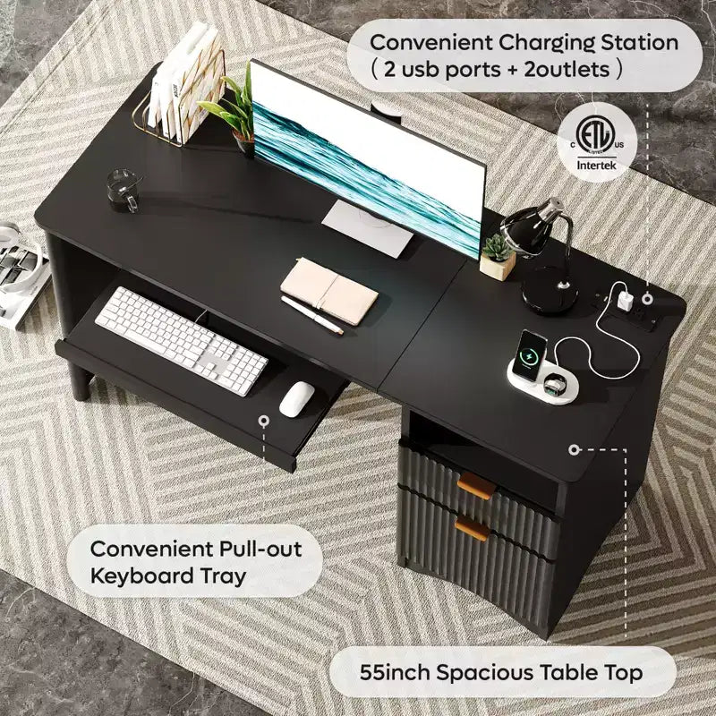 Bestier Bureau d'ordinateur 55 pouces pour PC avec prises électriques, tiroir coulissant pour clavier et tiroirs de rangement