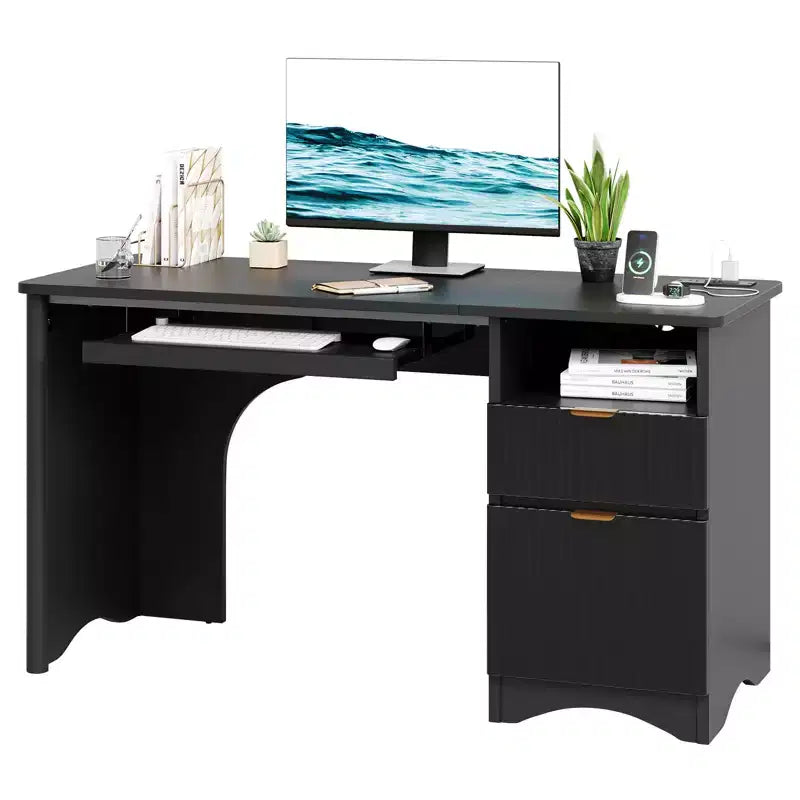 Bestier Bureau d'ordinateur 55 pouces pour PC avec prises électriques, tiroir coulissant pour clavier et tiroirs de rangement