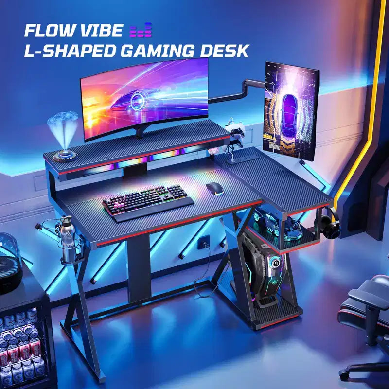 Bestier Bureau Gamer en Forme de L de 105,6 cm/144,8 cm avec Support Moniteur et Prise de Courant, Bureau d'Angle d'Ordinateur LED avec Porte-Gobelet et Support Manette