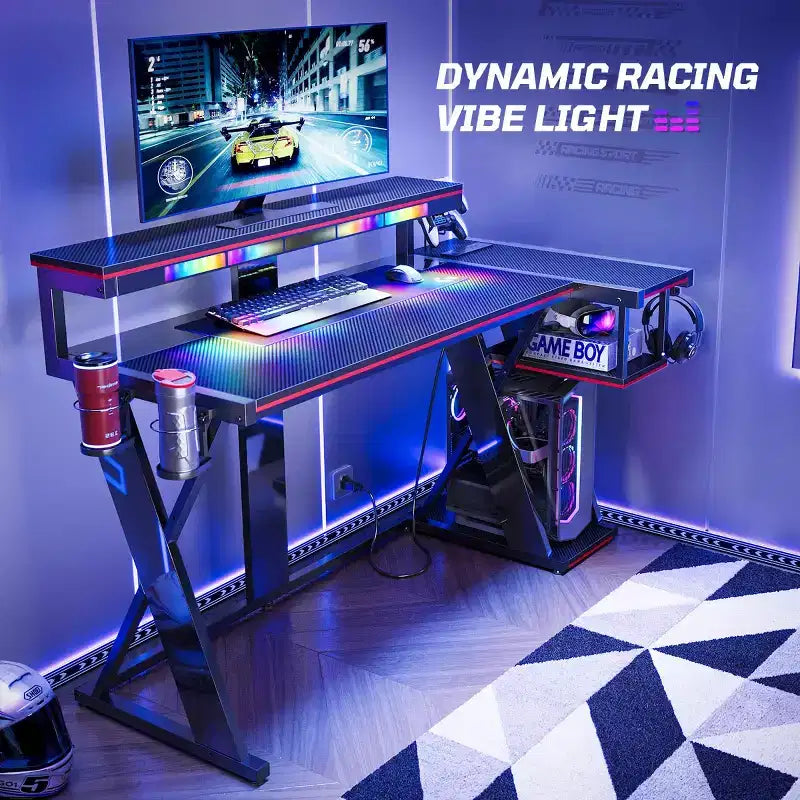Bestier Bureau Gamer en Forme de L de 105,6 cm/144,8 cm avec Support Moniteur et Prise de Courant, Bureau d'Angle d'Ordinateur LED avec Porte-Gobelet et Support Manette