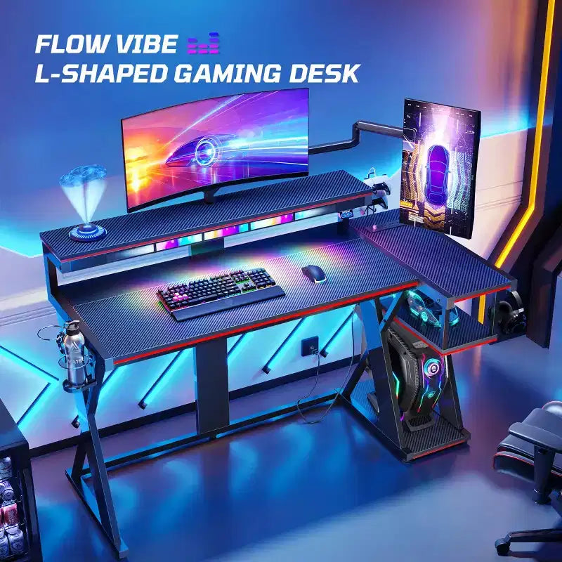 Bestier Bureau Gamer en Forme de L de 105,6 cm/144,8 cm avec Support Moniteur et Prise de Courant, Bureau d'Angle d'Ordinateur LED avec Porte-Gobelet et Support Manette