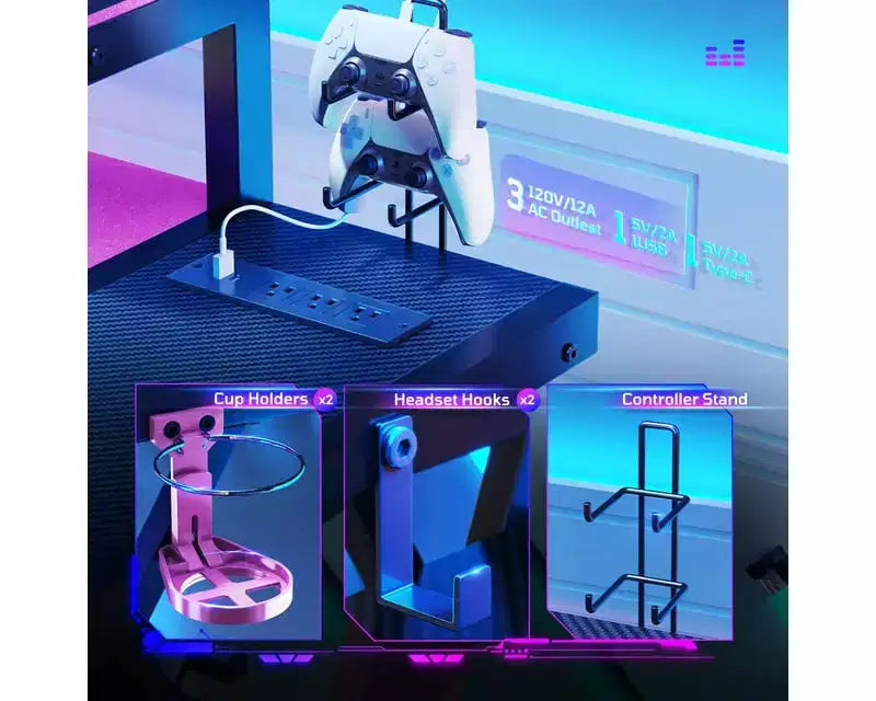 Bestier Bureau Gamer en Forme de L de 105,6 cm/144,8 cm avec Support Moniteur et Prise de Courant, Bureau d'Angle d'Ordinateur LED avec Porte-Gobelet et Support Manette