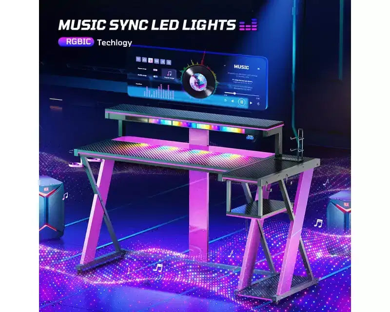 Bestier Bureau Gamer en Forme de L de 105,6 cm/144,8 cm avec Support Moniteur et Prise de Courant, Bureau d'Angle d'Ordinateur LED avec Porte-Gobelet et Support Manette