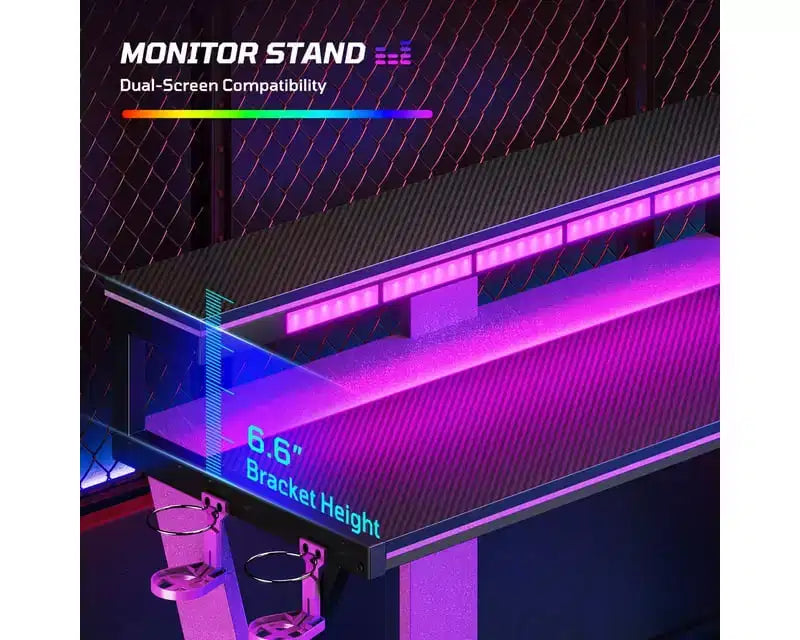 Bestier Bureau Gamer en Forme de L de 105,6 cm/144,8 cm avec Support Moniteur et Prise de Courant, Bureau d'Angle d'Ordinateur LED avec Porte-Gobelet et Support Manette