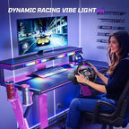Bestier Bureau Gamer en Forme de L de 105,6 cm/144,8 cm avec Support Moniteur et Prise de Courant, Bureau d'Angle d'Ordinateur LED avec Porte-Gobelet et Support Manette