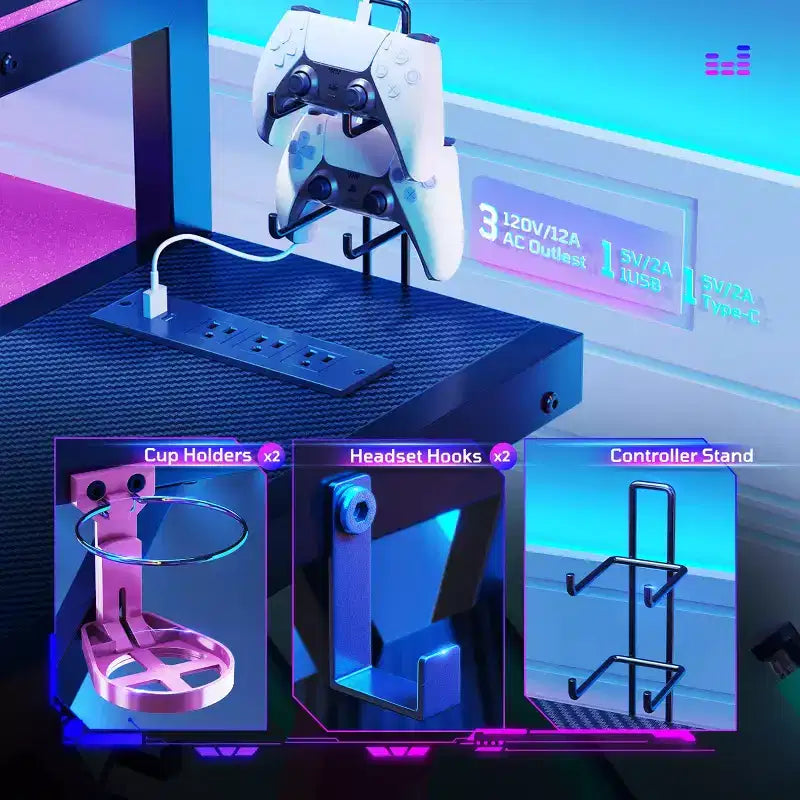 Bestier Bureau Gamer en Forme de L de 105,6 cm/144,8 cm avec Support Moniteur et Prise de Courant, Bureau d'Angle d'Ordinateur LED avec Porte-Gobelet et Support Manette