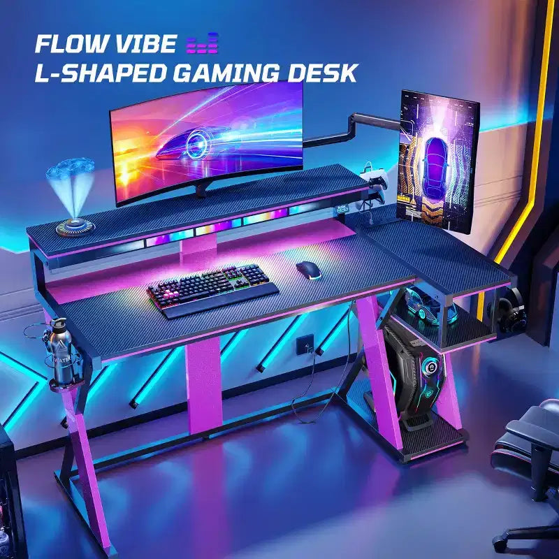 Bestier Bureau Gamer en Forme de L de 105,6 cm/144,8 cm avec Support Moniteur et Prise de Courant, Bureau d'Angle d'Ordinateur LED avec Porte-Gobelet et Support Manette