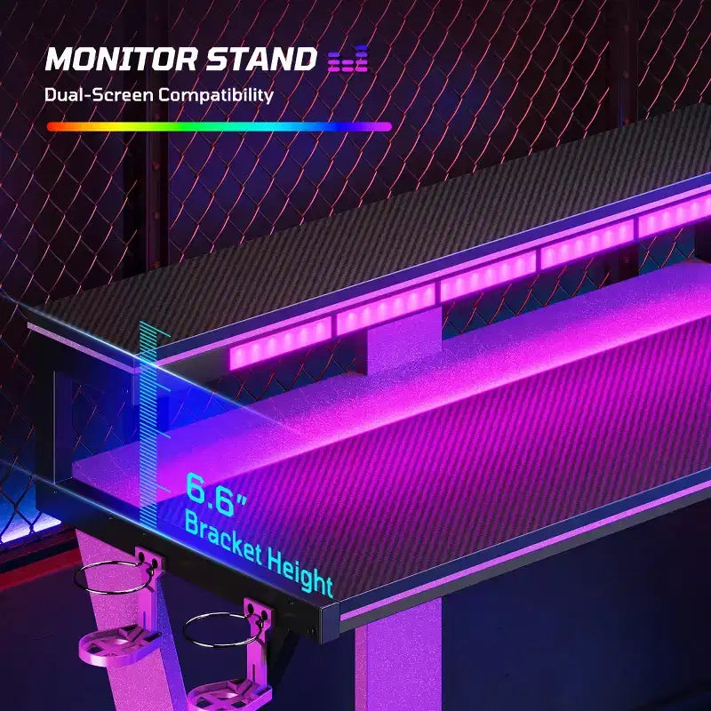 Bestier Bureau Gamer en Forme de L de 105,6 cm/144,8 cm avec Support Moniteur et Prise de Courant, Bureau d'Angle d'Ordinateur LED avec Porte-Gobelet et Support Manette