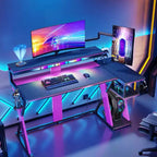 Bestier Bureau Gamer en Forme de L de 105,6 cm/144,8 cm avec Support Moniteur et Prise de Courant, Bureau d'Angle d'Ordinateur LED avec Porte-Gobelet et Support Manette