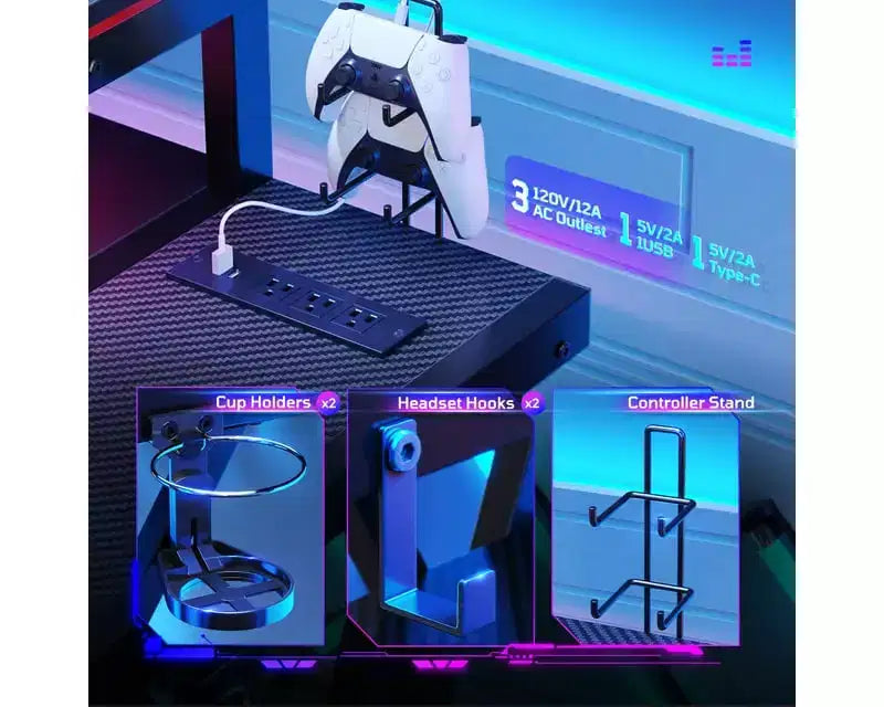 Bestier Bureau Gamer en Forme de L de 105,6 cm/144,8 cm avec Support Moniteur et Prise de Courant, Bureau d'Angle d'Ordinateur LED avec Porte-Gobelet et Support Manette