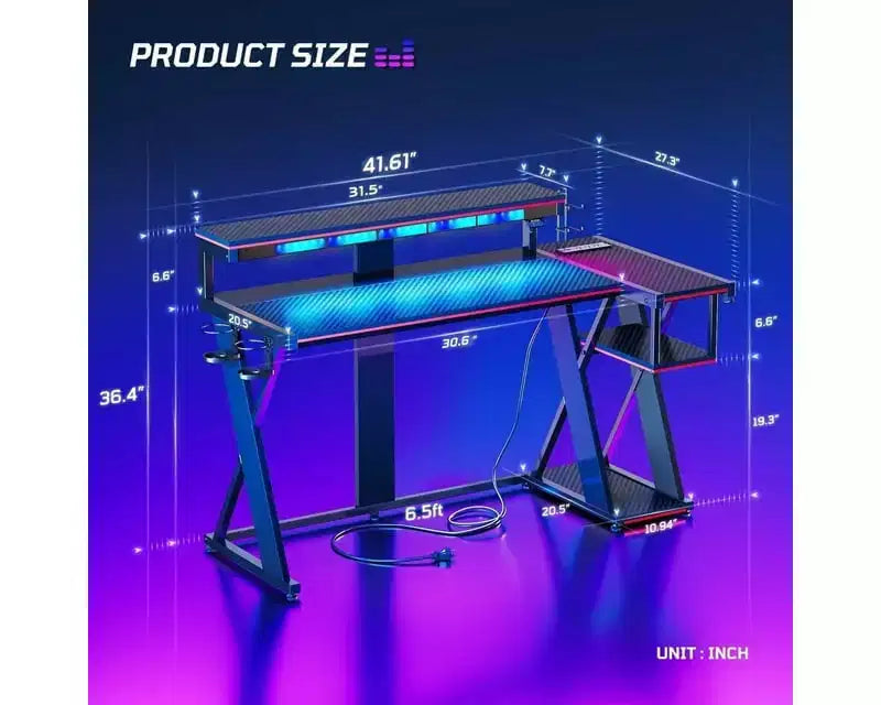 Bestier Bureau Gamer en Forme de L de 105,6 cm/144,8 cm avec Support Moniteur et Prise de Courant, Bureau d'Angle d'Ordinateur LED avec Porte-Gobelet et Support Manette