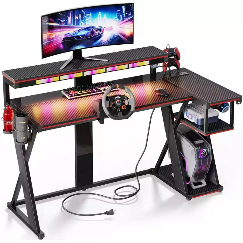Bestier Bureau Gamer en Forme de L de 105,6 cm/144,8 cm avec Support Moniteur et Prise de Courant, Bureau d'Angle d'Ordinateur LED avec Porte-Gobelet et Support Manette