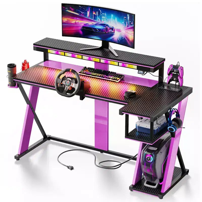 Bestier Bureau Gamer en Forme de L de 105,6 cm/144,8 cm avec Support Moniteur et Prise de Courant, Bureau d'Angle d'Ordinateur LED avec Porte-Gobelet et Support Manette