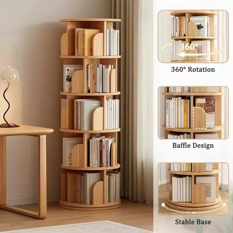 Étagère à Livres Rotative à 5 Niveaux, Étagère à Livres Ronde Pivotante à 360 Degrés, Tour d'Étagère Rotative Peu Encombrante à Double Base