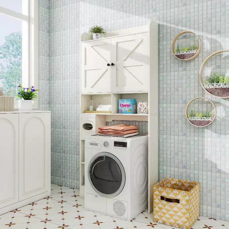 Étagère de rangement de salle de bain avec portes de grange, porte-rouleau de papier toilette