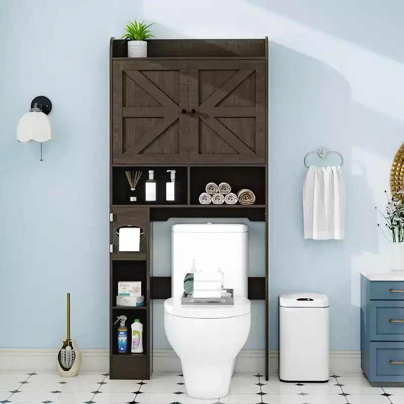 Étagère de rangement de salle de bain avec portes de grange, porte-rouleau de papier toilette