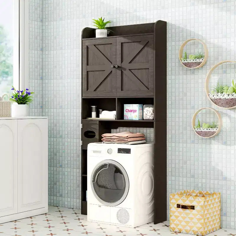 Étagère de rangement de salle de bain avec portes de grange, porte-rouleau de papier toilette