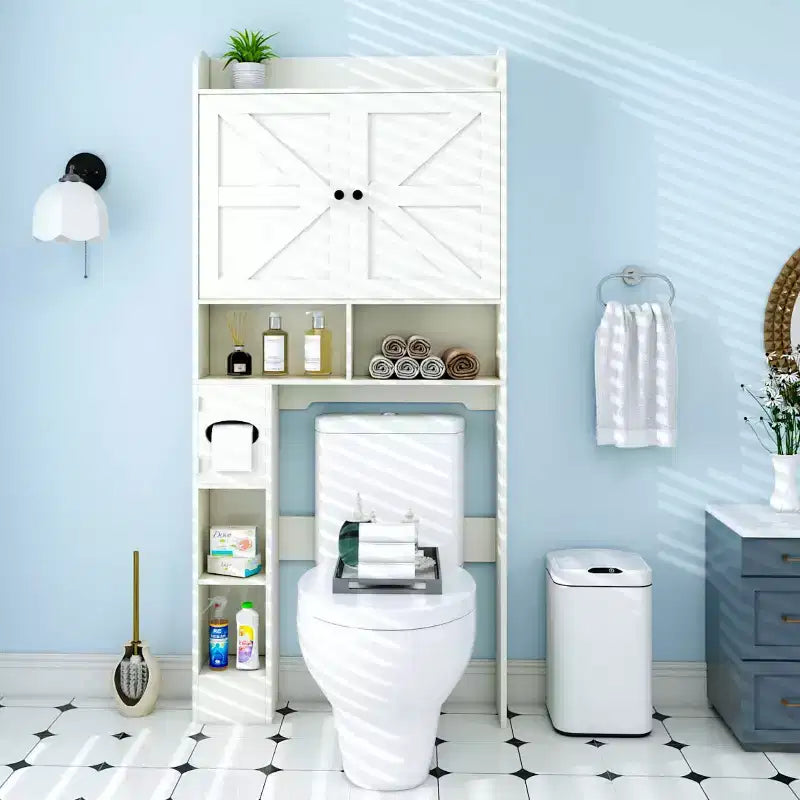 Étagère de rangement de salle de bain avec portes de grange, porte-rouleau de papier toilette