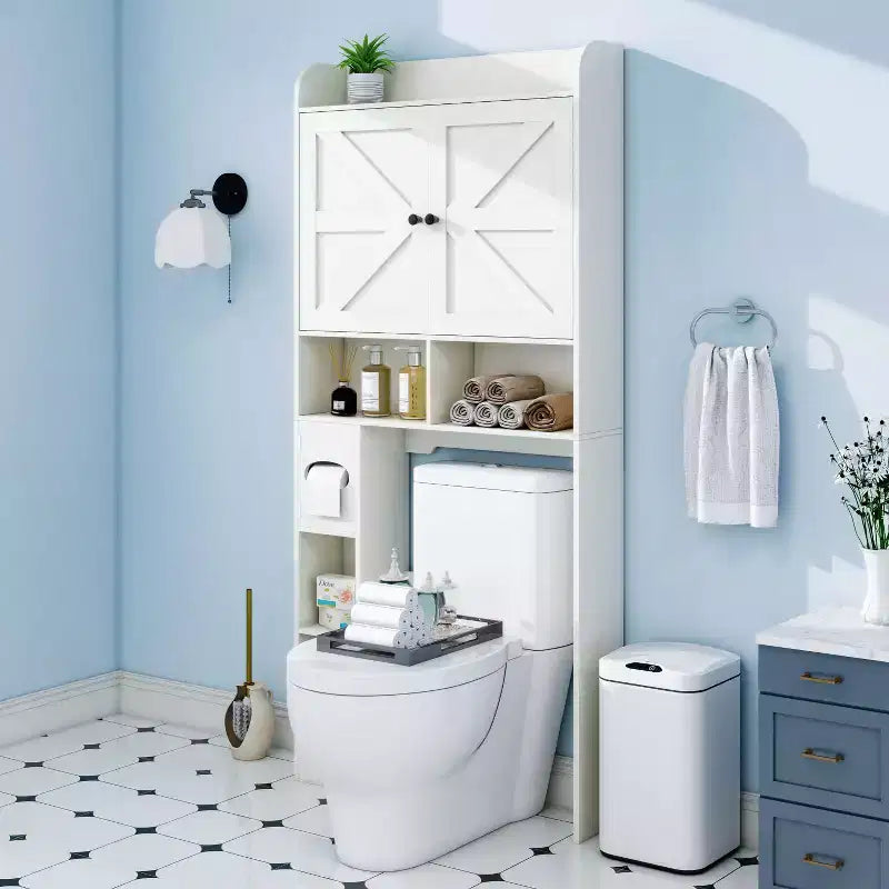 Étagère de rangement de salle de bain avec portes de grange, porte-rouleau de papier toilette