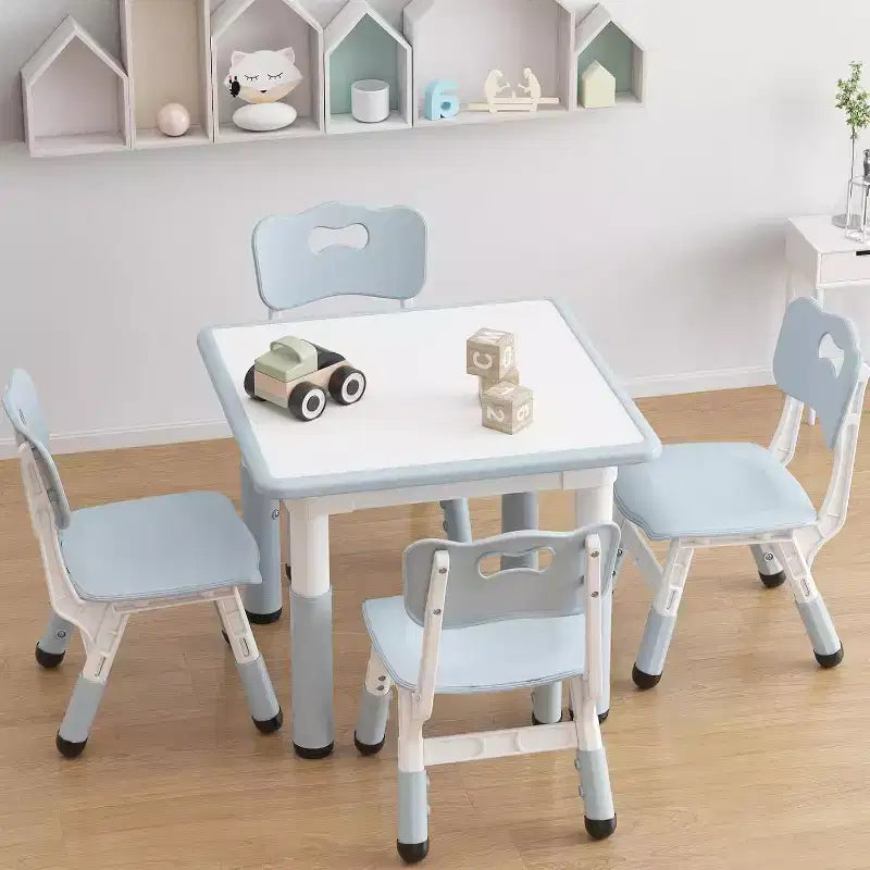 Ensemble table et 4 chaises pour enfants avec plateau en panneaux de particules, réglable en hauteur, patin antidérapant, ensemble repas compact et plateau durable