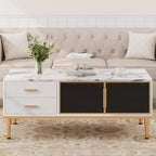 Table basse Acekool en faux marbre, table basse rectangulaire cannelée avec 4 tiroirs, 4 portes en verre, table centrale moderne en bois avec pieds en métal