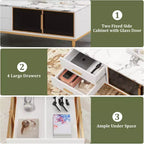 Table basse Acekool en faux marbre, table basse rectangulaire cannelée avec 4 tiroirs, 4 portes en verre, table centrale moderne en bois avec pieds en métal