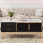 Table basse Acekool en faux marbre, table basse rectangulaire cannelée avec 4 tiroirs, 4 portes en verre, table centrale moderne en bois avec pieds en métal