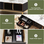 Table basse Acekool en faux marbre, table basse rectangulaire cannelée avec 4 tiroirs, 4 portes en verre, table centrale moderne en bois avec pieds en métal