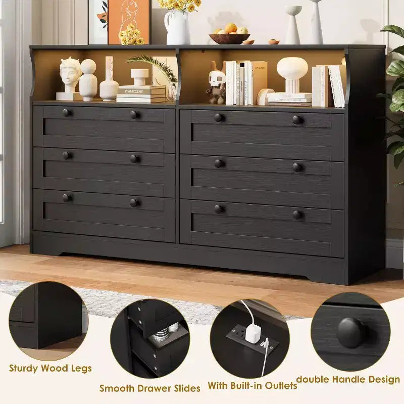 Commode à 6 tiroirs, commode de rangement moderne en bois avec lumières LED pour chambre à coucher, salon, dressing et entrée