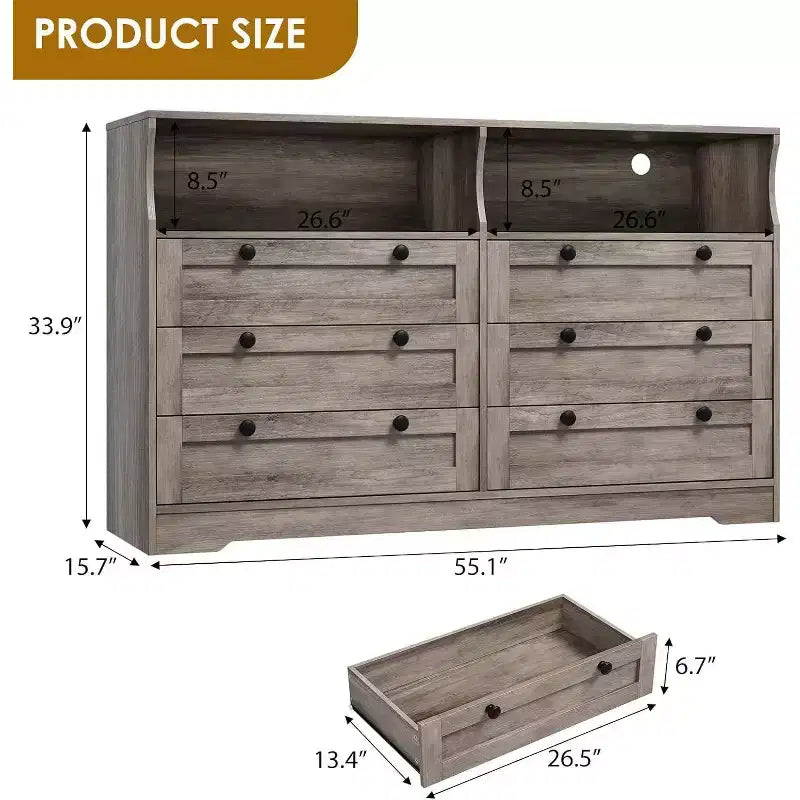 Commode à 6 tiroirs, commode de rangement moderne en bois avec lumières LED pour chambre à coucher, salon, dressing et entrée