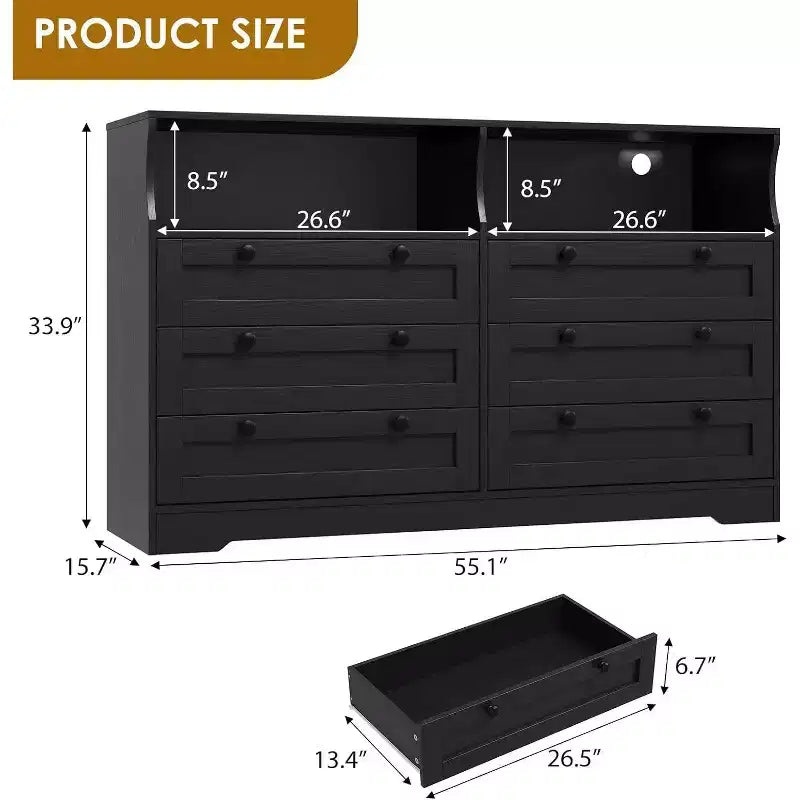 Commode à 6 tiroirs, commode de rangement moderne en bois avec lumières LED pour chambre à coucher, salon, dressing et entrée