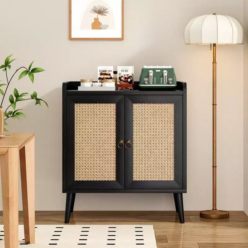 Buffet de salle à manger, meuble bar avec portes décorées en rotin naturel, armoire de rangement de cuisine d'appoint pour salle à manger