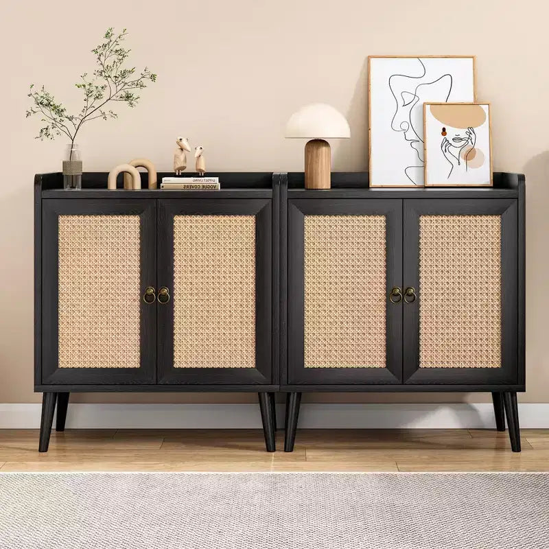Buffet de salle à manger, meuble bar avec portes décorées en rotin naturel, armoire de rangement de cuisine d'appoint pour salle à manger