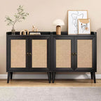 Buffet de salle à manger, meuble bar avec portes décorées en rotin naturel, armoire de rangement de cuisine d'appoint pour salle à manger