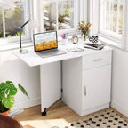 Bureau d'ordinateur pliable Costway avec armoire à tiroirs et étagère réglable à roulettes pour salon, Noir/Blanc