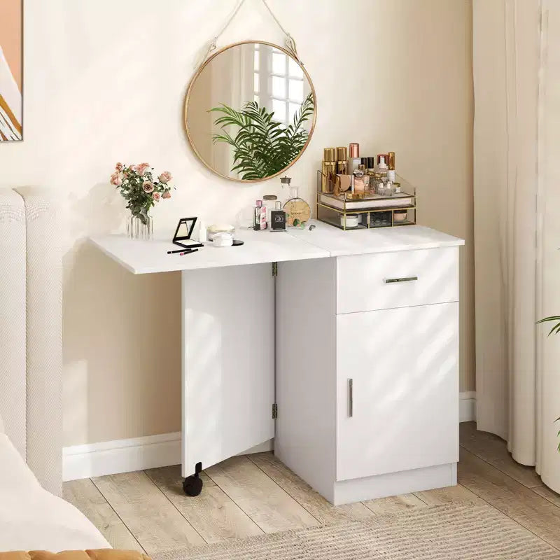 Bureau d'ordinateur pliable Costway avec armoire à tiroirs et étagère réglable à roulettes pour salon, Noir/Blanc