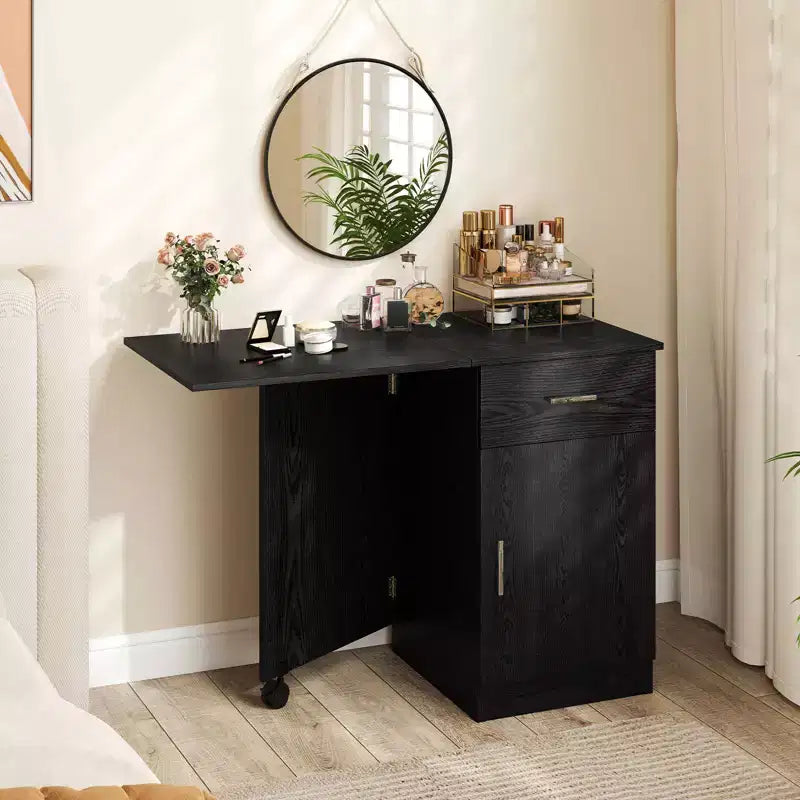 Bureau d'ordinateur pliable Costway avec armoire à tiroirs et étagère réglable à roulettes pour salon, Noir/Blanc