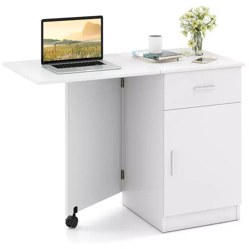 Bureau d'ordinateur pliable Costway avec armoire à tiroirs et étagère réglable à roulettes pour salon, Noir/Blanc
