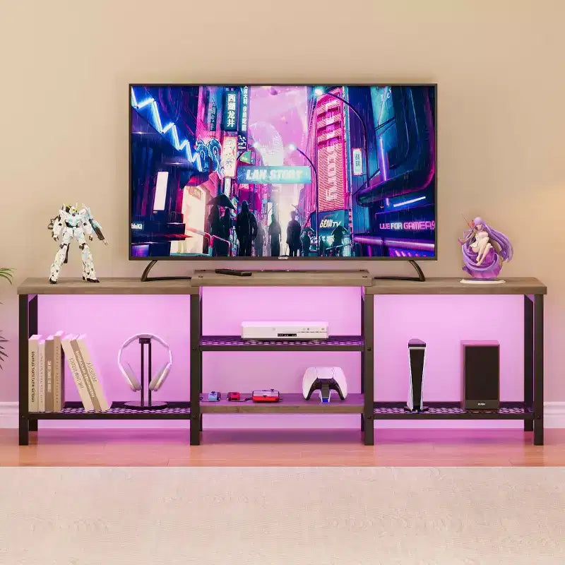 Meuble TV industriel de 170 cm, étagères de rangement ouvertes, meuble console en bois avec cadre métallique, table console média moderne, pour salon