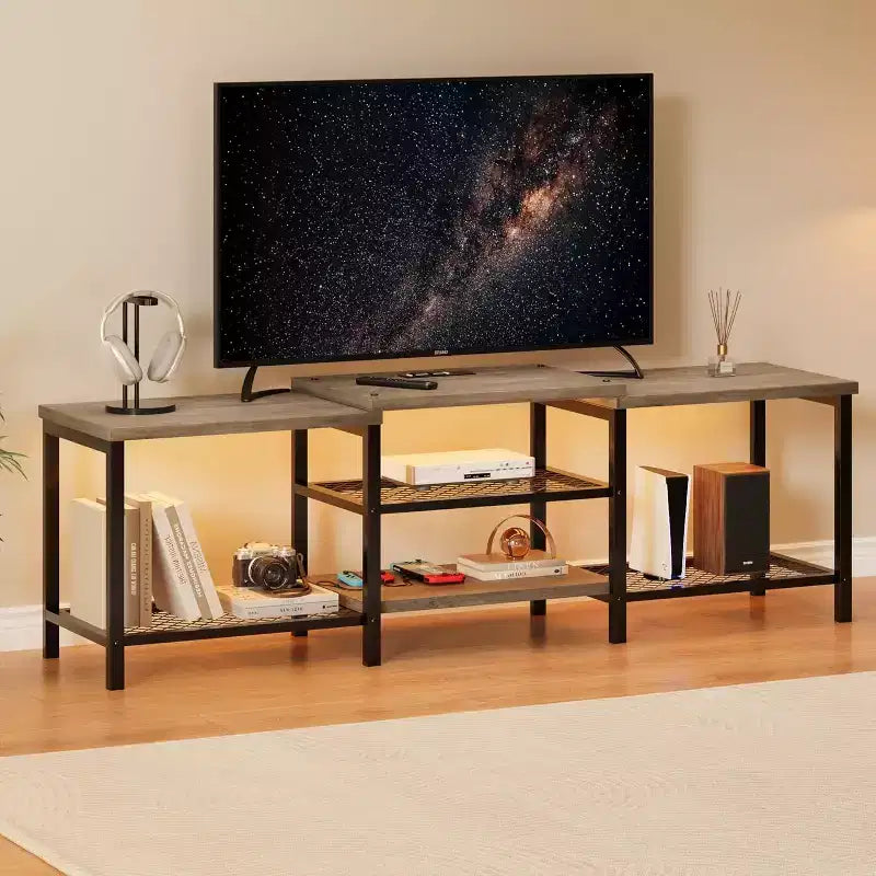 Meuble TV industriel de 170 cm, étagères de rangement ouvertes, meuble console en bois avec cadre métallique, table console média moderne, pour salon