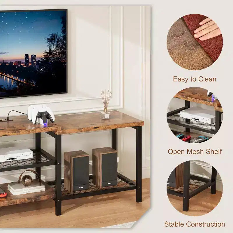 Meuble TV industriel de 170 cm, étagères de rangement ouvertes, meuble console en bois avec cadre métallique, table console média moderne, pour salon