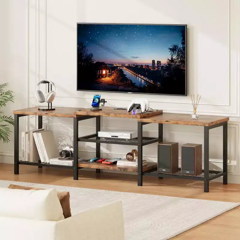 Meuble TV industriel de 170 cm, étagères de rangement ouvertes, meuble console en bois avec cadre métallique, table console média moderne, pour salon