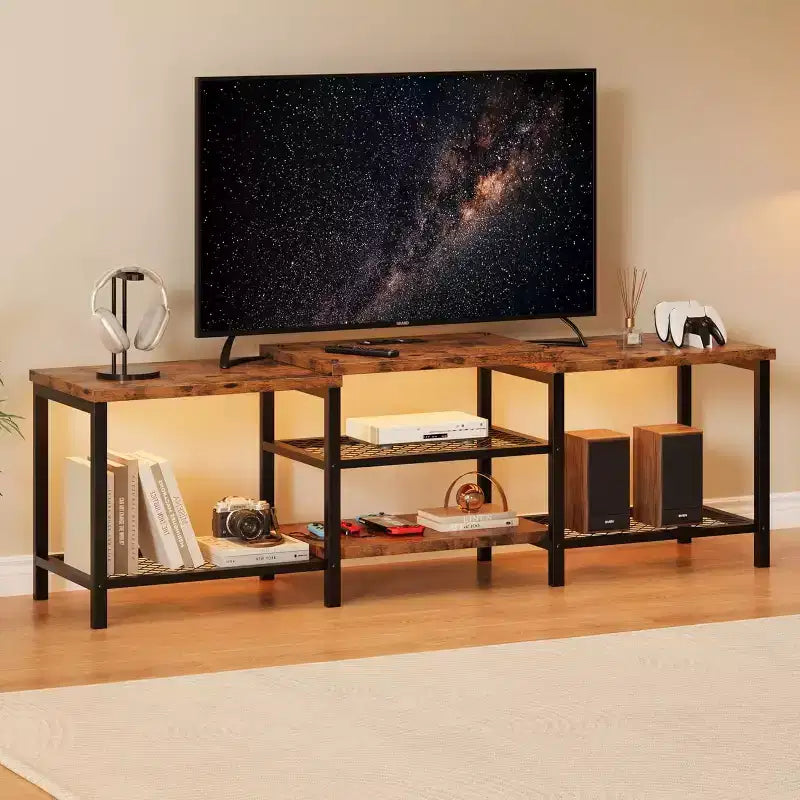 Meuble TV industriel de 170 cm, étagères de rangement ouvertes, meuble console en bois avec cadre métallique, table console média moderne, pour salon