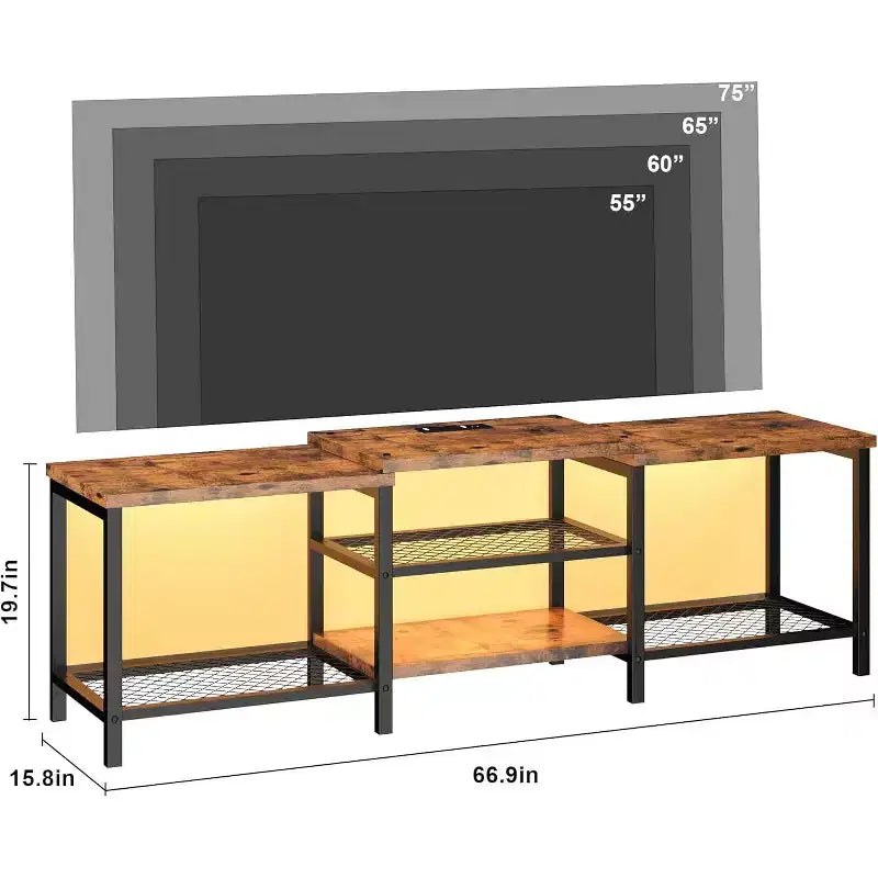 Meuble TV industriel de 170 cm, étagères de rangement ouvertes, meuble console en bois avec cadre métallique, table console média moderne, pour salon