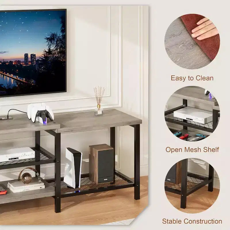 Meuble TV industriel de 170 cm, étagères de rangement ouvertes, meuble console en bois avec cadre métallique, table console média moderne, pour salon