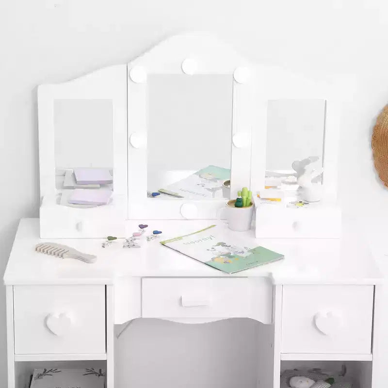 Table de toilette 2-en-1 pour filles avec miroir triptyque et lumière - Coiffeuse de princesse en bois avec tabouret et tiroir pour jeu d'imitation