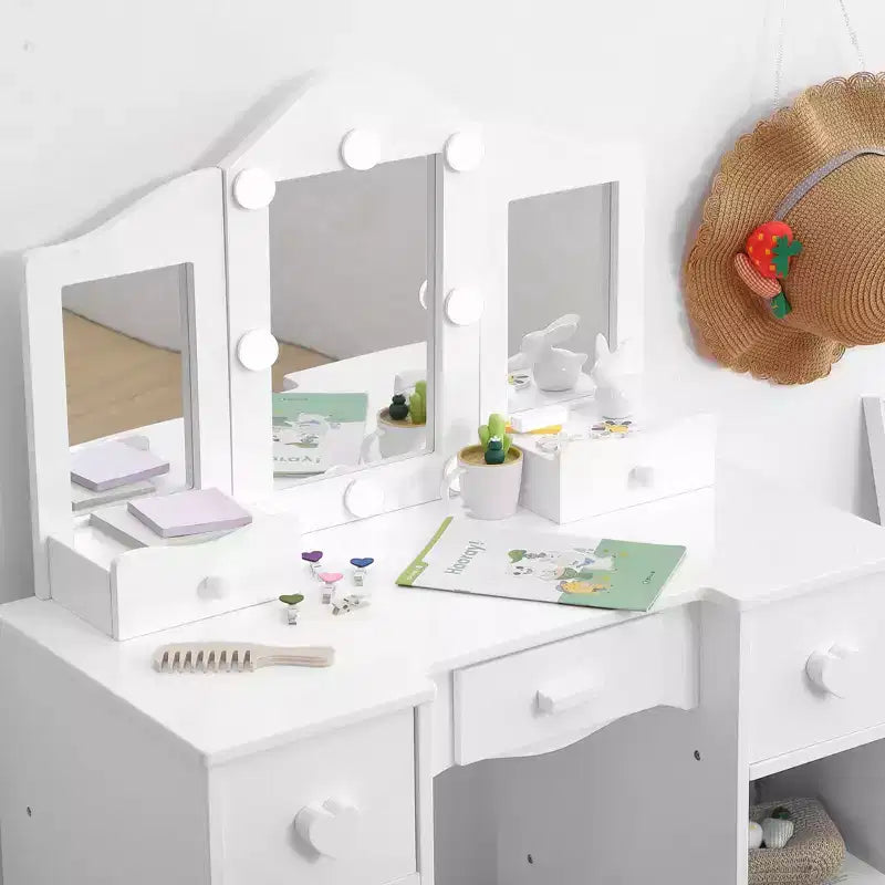Table de toilette 2-en-1 pour filles avec miroir triptyque et lumière - Coiffeuse de princesse en bois avec tabouret et tiroir pour jeu d'imitation