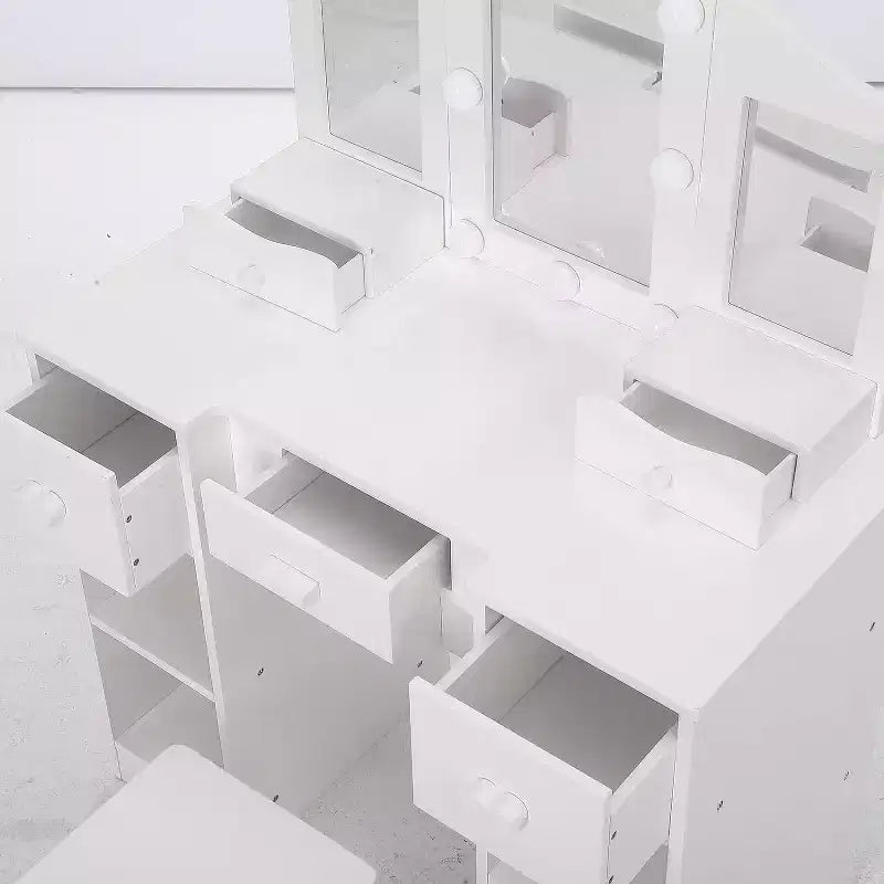 Table de toilette 2-en-1 pour filles avec miroir triptyque et lumière - Coiffeuse de princesse en bois avec tabouret et tiroir pour jeu d'imitation