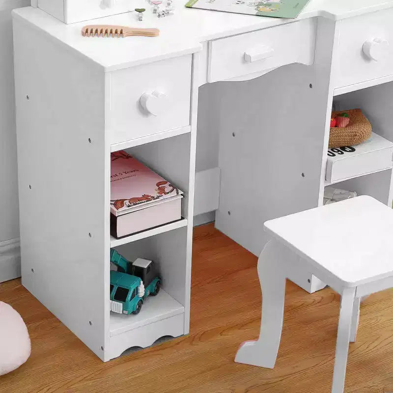 Table de toilette 2-en-1 pour filles avec miroir triptyque et lumière - Coiffeuse de princesse en bois avec tabouret et tiroir pour jeu d'imitation