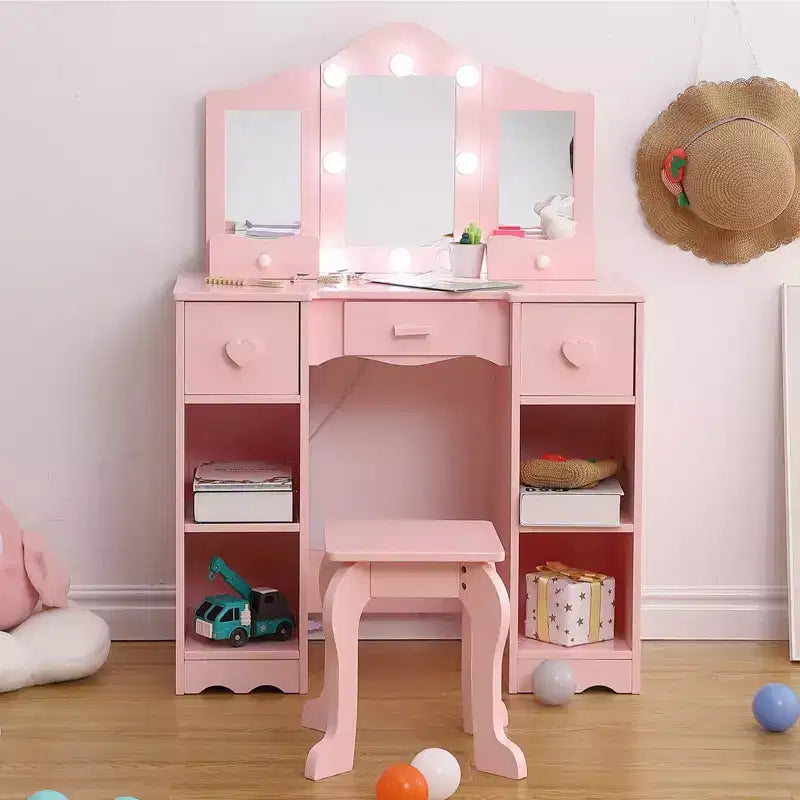 Table de toilette 2-en-1 pour filles avec miroir triptyque et lumière - Coiffeuse de princesse en bois avec tabouret et tiroir pour jeu d'imitation